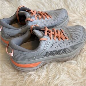 Hoka Bondi 7 Women’s Running Shoes - Gray with Coral Accents